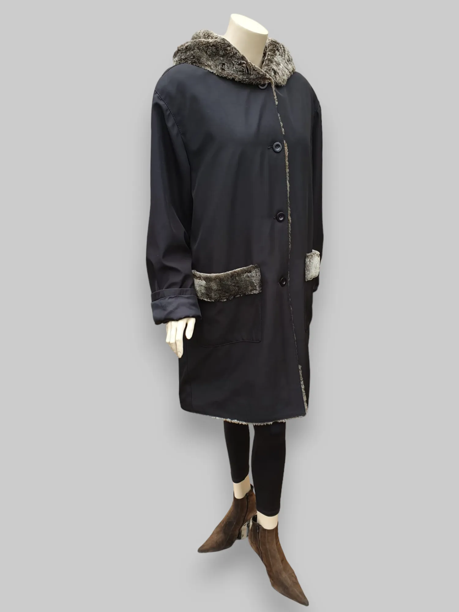 Black Two-Tone Shearling Lined Raincoat -Size 44