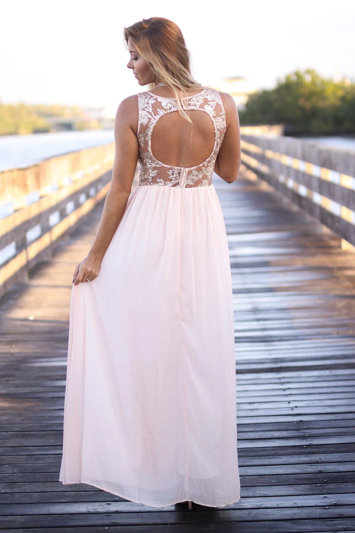 Blush Lace Maxi Dress with Sequined Top