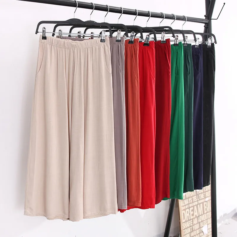 Breathable Cotton Blend Wide Leg Pants Women Summer Elderly Three Quarter Plus Size Loose Line Casual Culottes