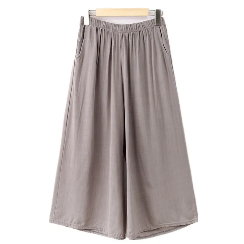 Breathable Cotton Blend Wide Leg Pants Women Summer Elderly Three Quarter Plus Size Loose Line Casual Culottes