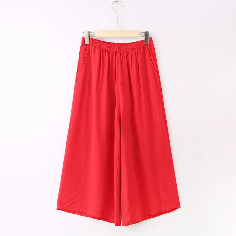 Breathable Cotton Blend Wide Leg Pants Women Summer Elderly Three Quarter Plus Size Loose Line Casual Culottes