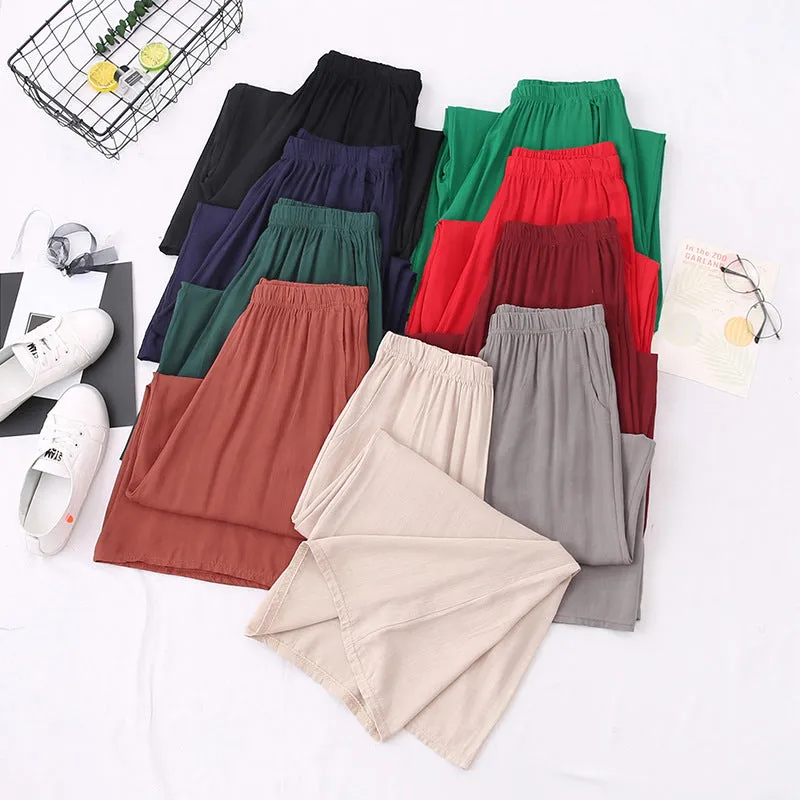 Breathable Cotton Blend Wide Leg Pants Women Summer Elderly Three Quarter Plus Size Loose Line Casual Culottes