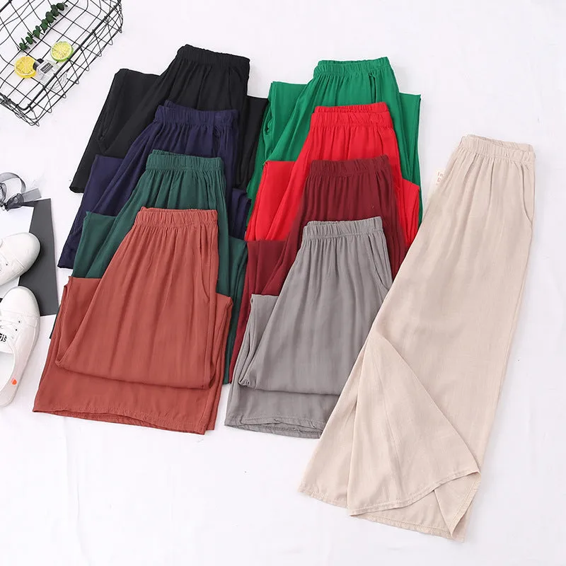 Breathable Cotton Blend Wide Leg Pants Women Summer Elderly Three Quarter Plus Size Loose Line Casual Culottes