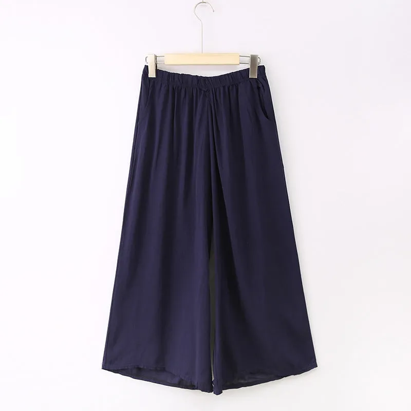 Breathable Cotton Blend Wide Leg Pants Women Summer Elderly Three Quarter Plus Size Loose Line Casual Culottes