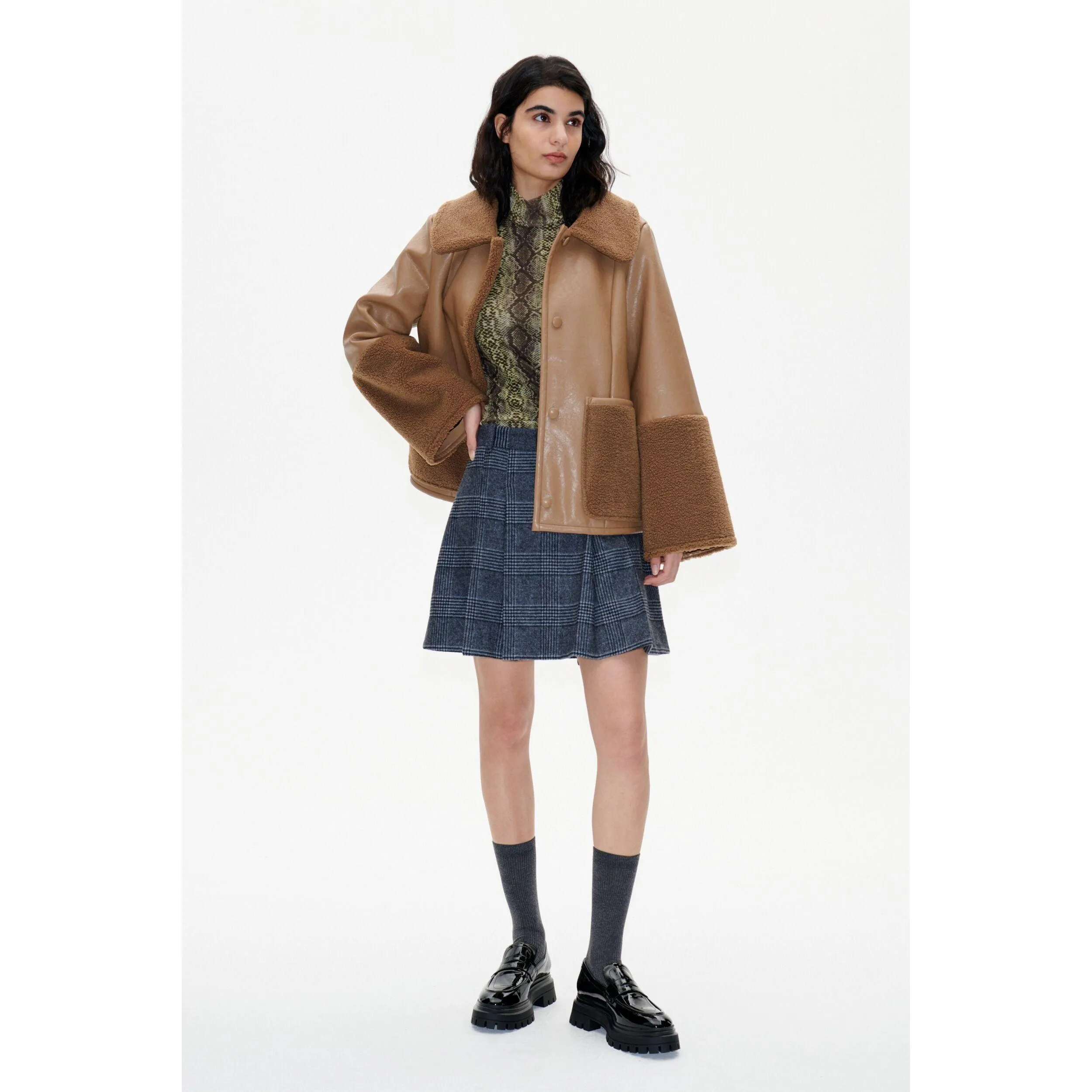 BRIONA Shearling Detail Short Coat Camel