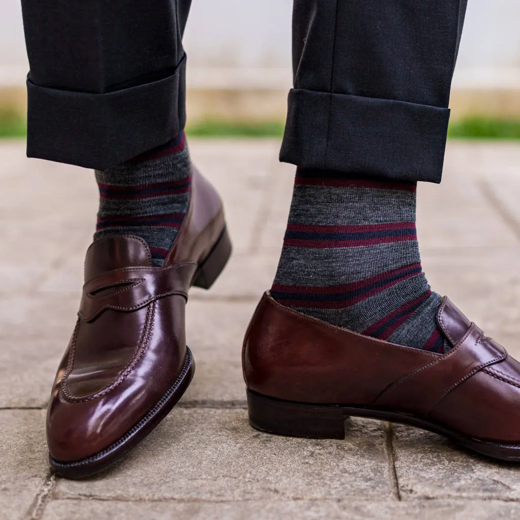 Burgundy and Navy Stripes on Grey Merino Wool Mid-Calf Dress Socks