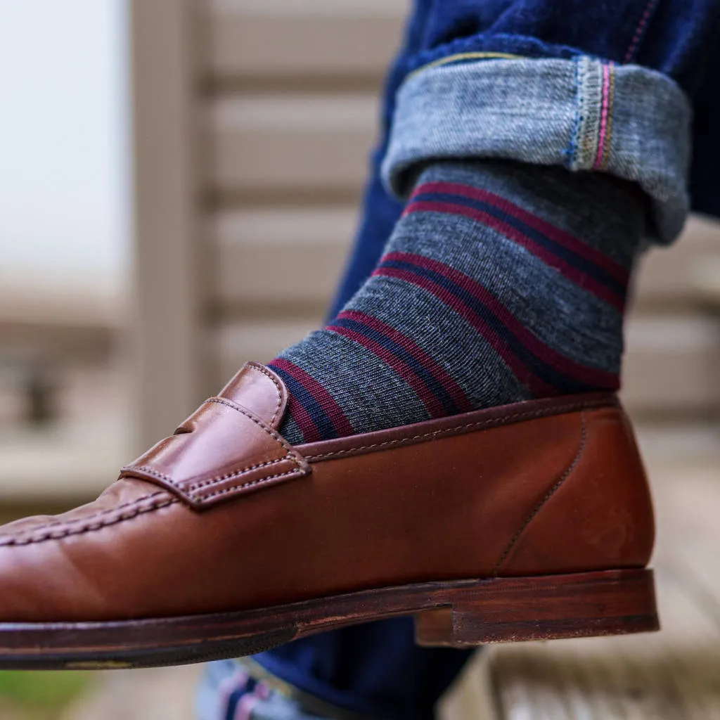 Burgundy and Navy Stripes on Grey Merino Wool Mid-Calf Dress Socks