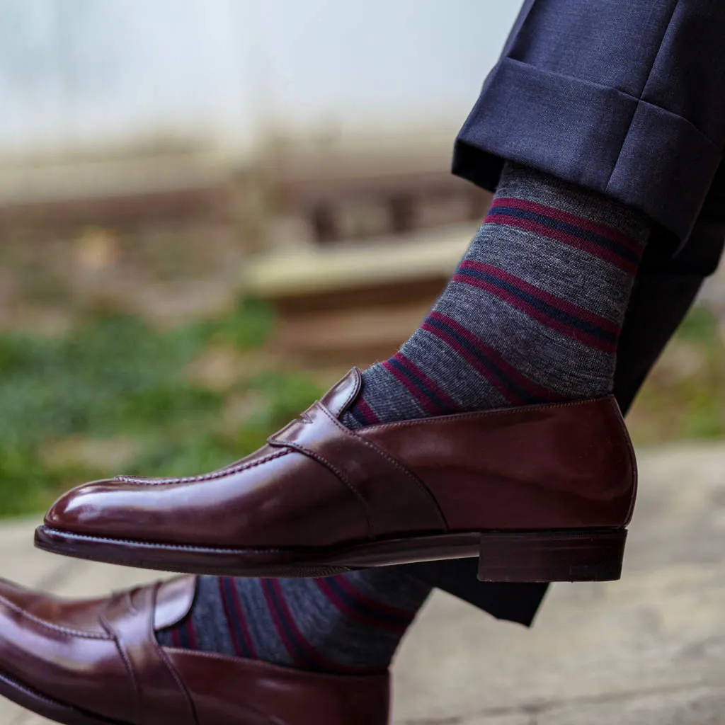 Burgundy and Navy Stripes on Grey Merino Wool Mid-Calf Dress Socks