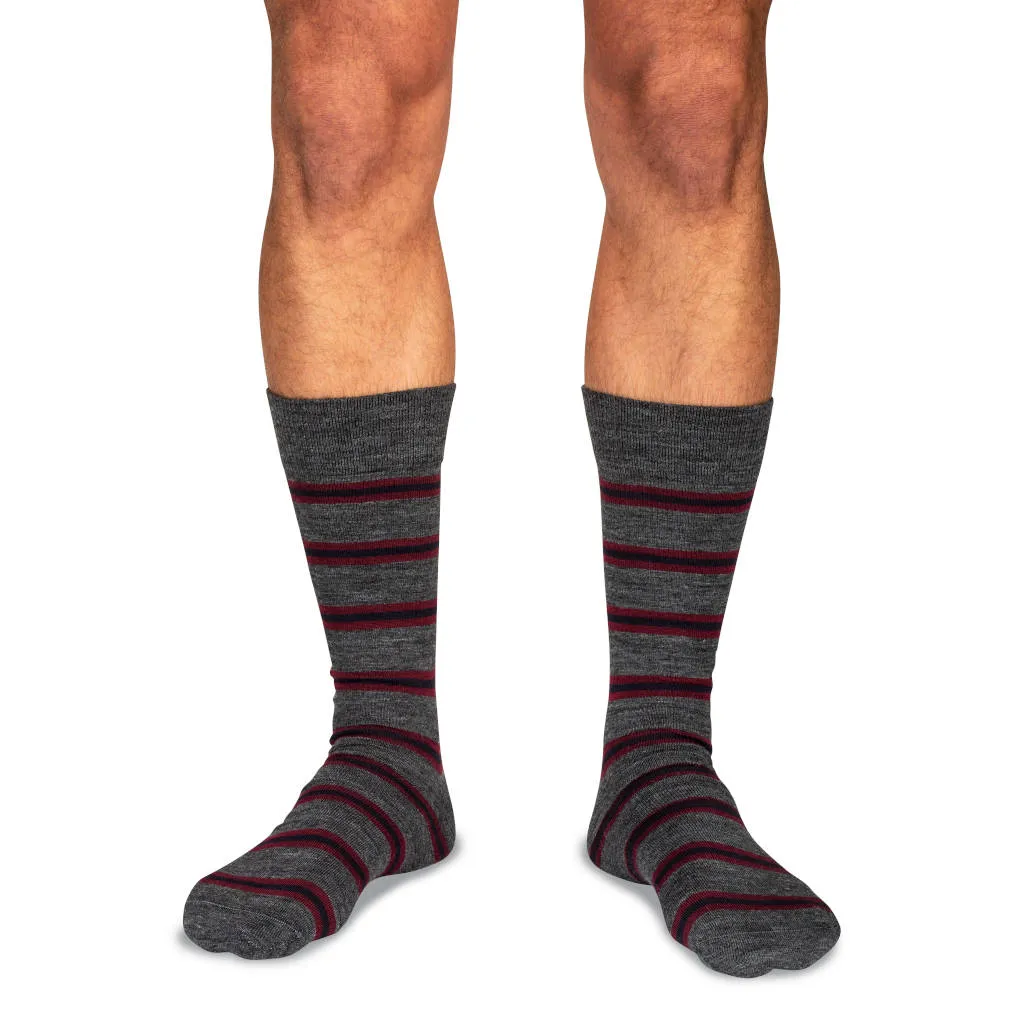 Burgundy and Navy Stripes on Grey Merino Wool Mid-Calf Dress Socks