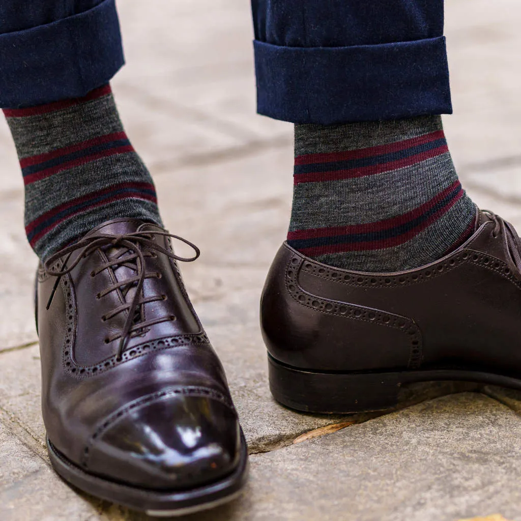 Burgundy and Navy Stripes on Grey Merino Wool Mid-Calf Dress Socks