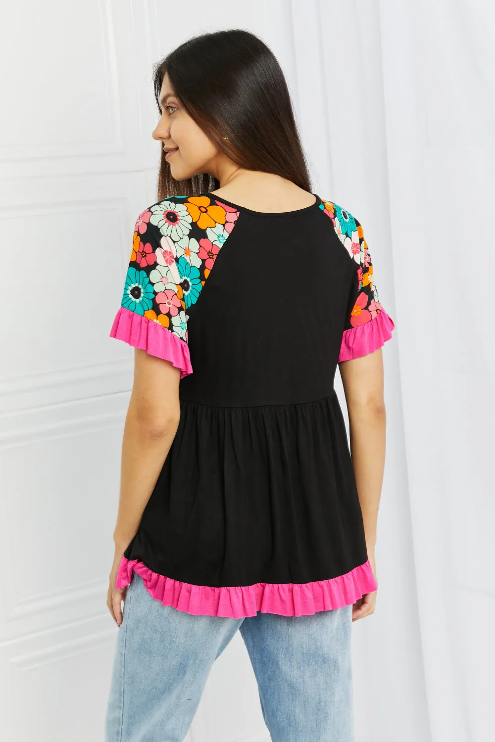 Celeste Take Me Out Full Size Ruffle Tunic Top in Black/Fuchsia