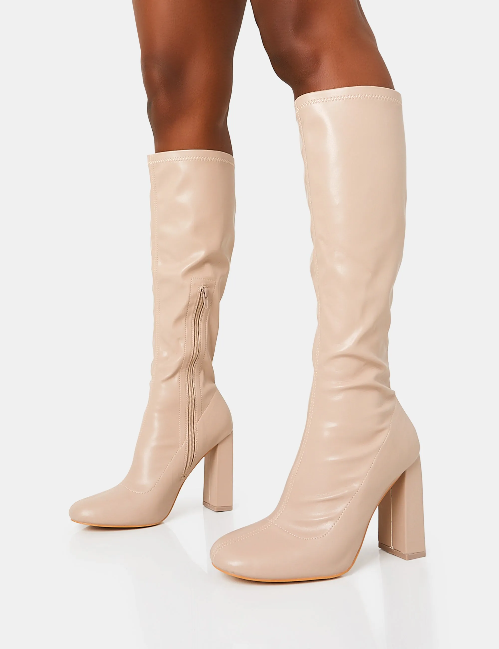 Christina Nude Pu Pointed Toe Block Heel Knee High Boots