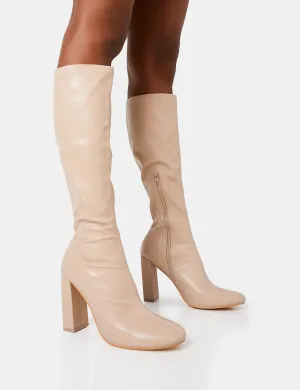 Christina Nude Pu Pointed Toe Block Heel Knee High Boots