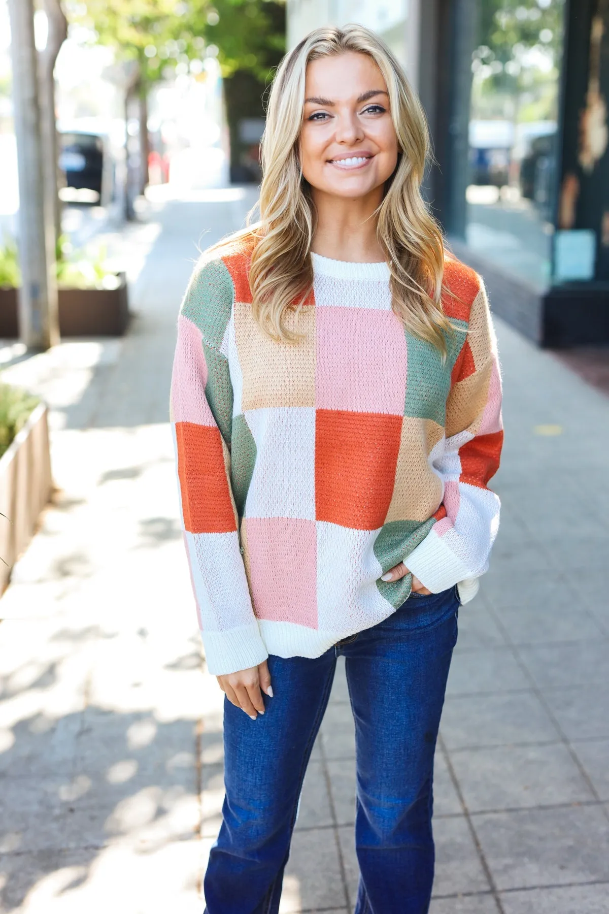 Chunky Knit Checker Jacquard Knit Sweater