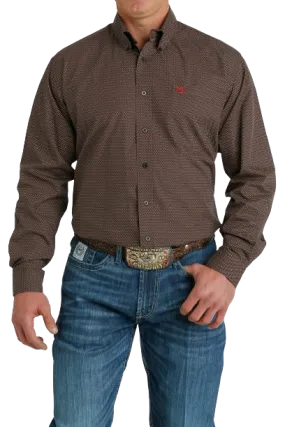 Cinch Men's Geometric Print Button Down Western Brown Khaki Shirt