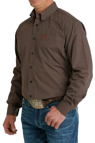 Cinch Men's Geometric Print Button Down Western Brown Khaki Shirt