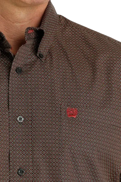 Cinch Men's Geometric Print Button Down Western Brown Khaki Shirt