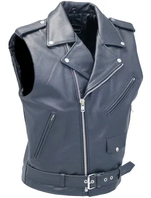 Classic Black Leather Motorcycle Vest w/Concealed #VM926GK