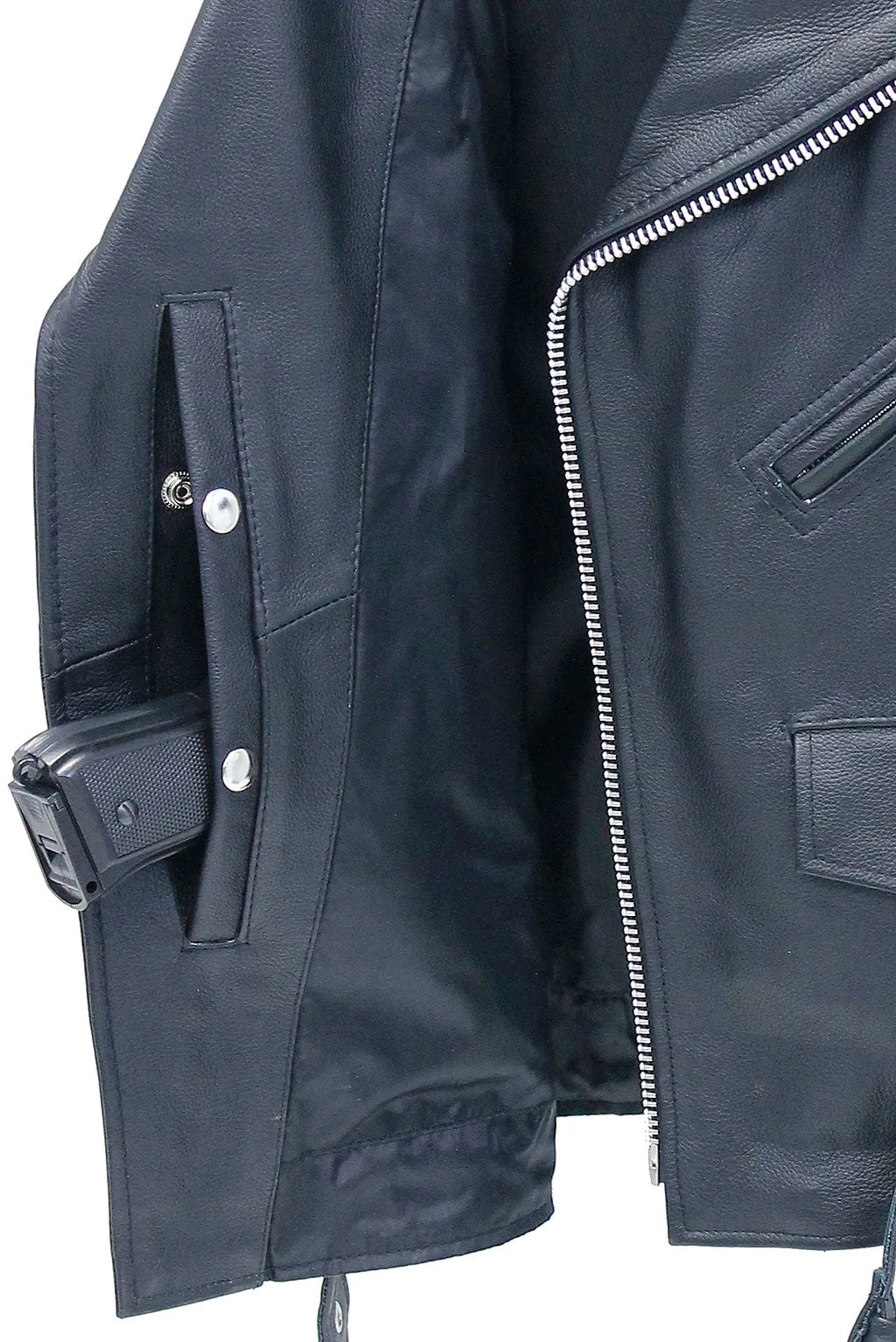 Classic Black Leather Motorcycle Vest w/Concealed #VM926GK