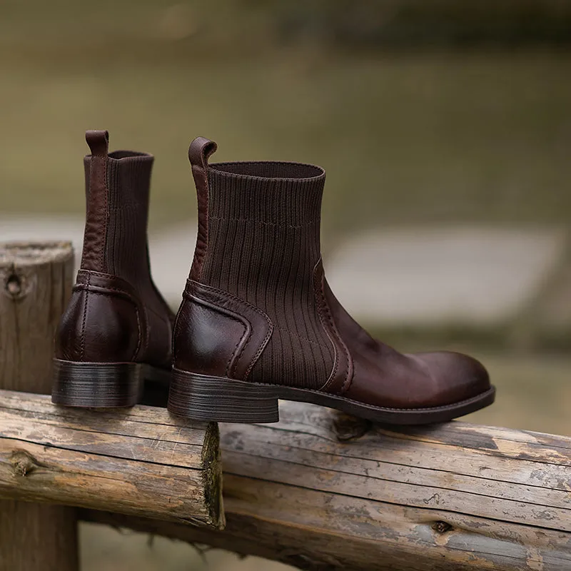 Classic Chelsea Boots Leather Stretch Boots Low Heel Round Toe Sock Boots in Brown/Black