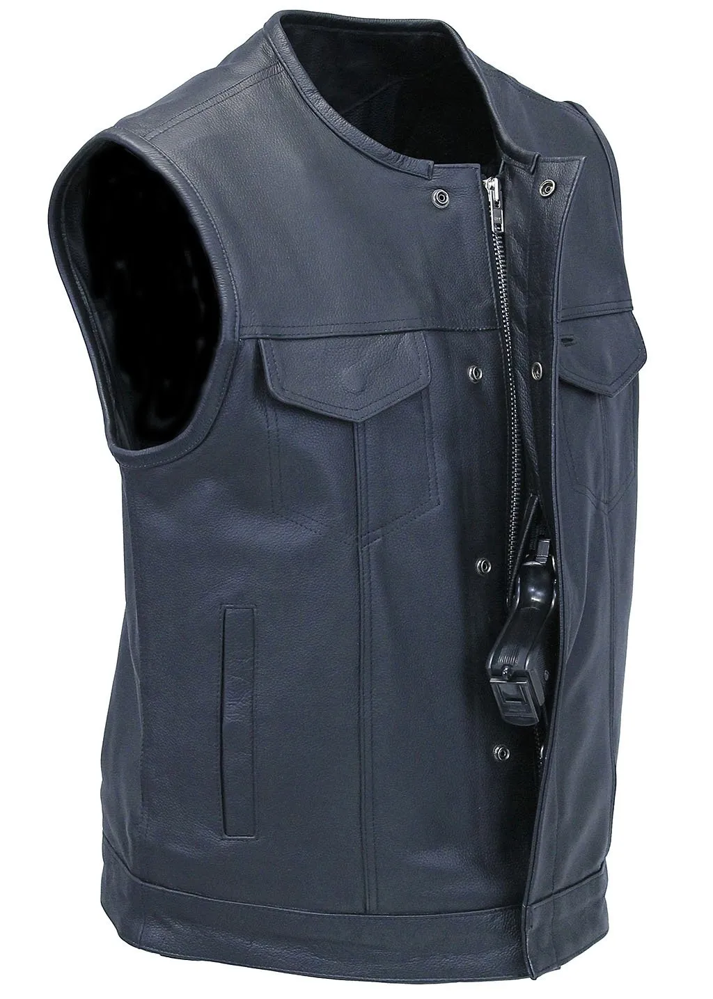 Collarless Premium Buffalo Leather Snap & Zip Concealed Pocket Vest #VM7410GK