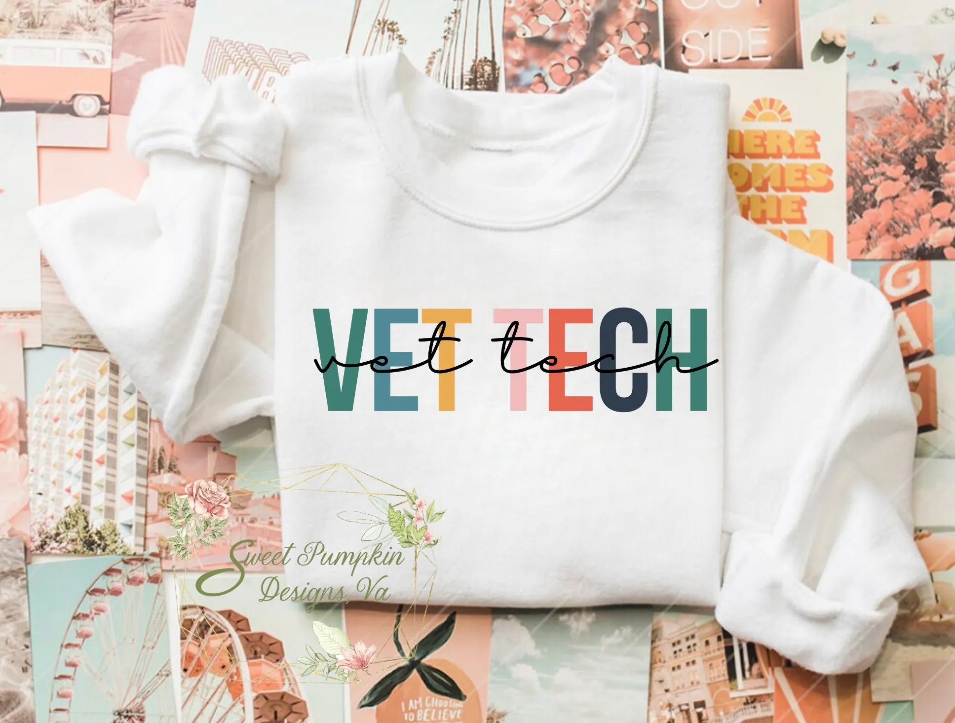 Colorful Vet Tech Crewneck Sweatshirt for Veterinary Technicians