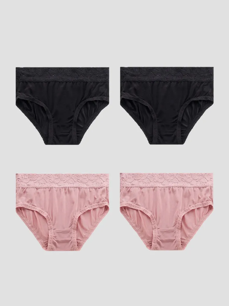 Culotte Tricotée en Soie de Mûrier de Fleur de Dentelle 4Pcs (Soutien-Gorge NON Inclus)