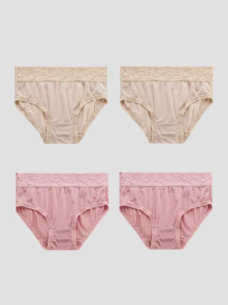 Culotte Tricotée en Soie de Mûrier de Fleur de Dentelle 4Pcs (Soutien-Gorge NON Inclus)