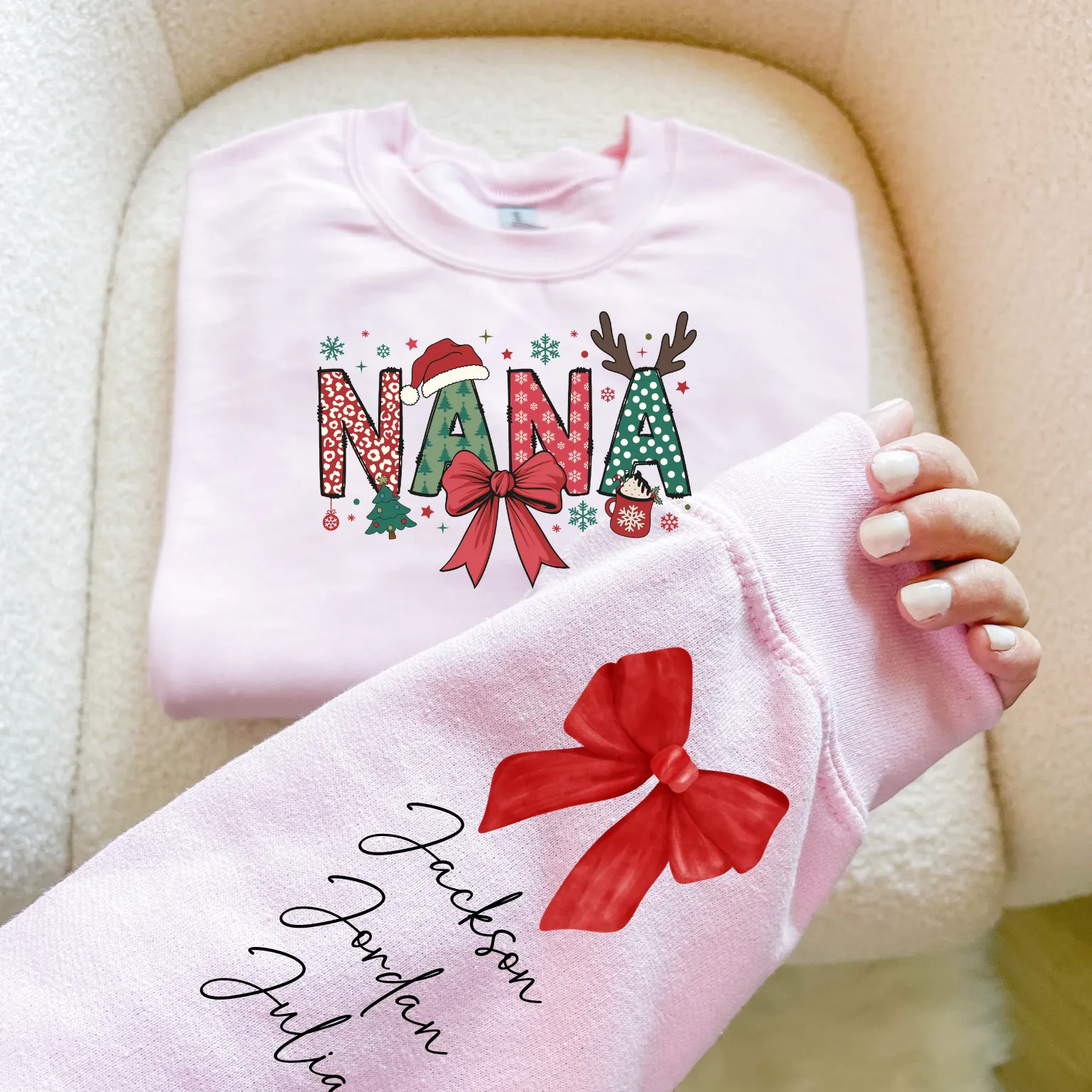 Custom Mama Christmas Sweatshirt with Kids Names on the Sleeve (Mama, Mimi, MawMaw, Grammy, Gigi, Nanny, Grandma, Nana, Granny)