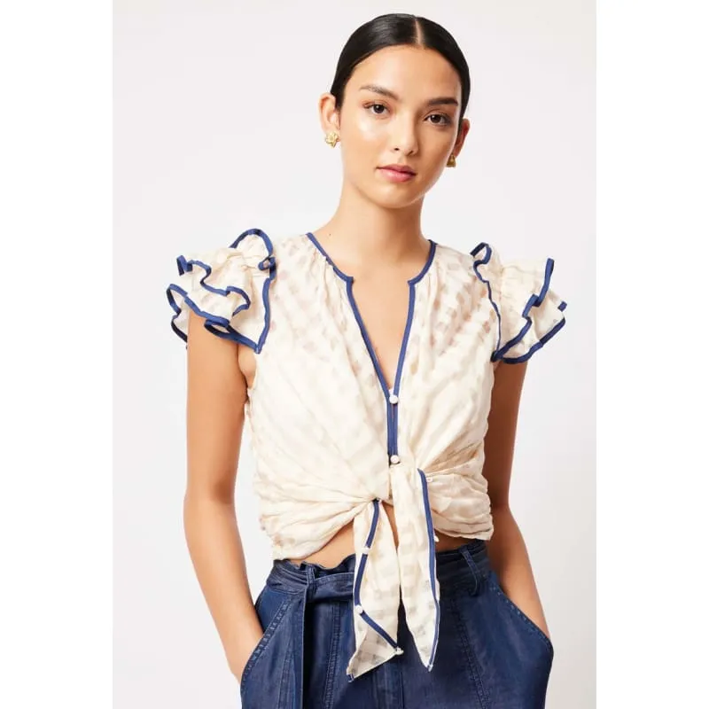 Elena Cotton Silk Self Check Blouse | Bone Navy