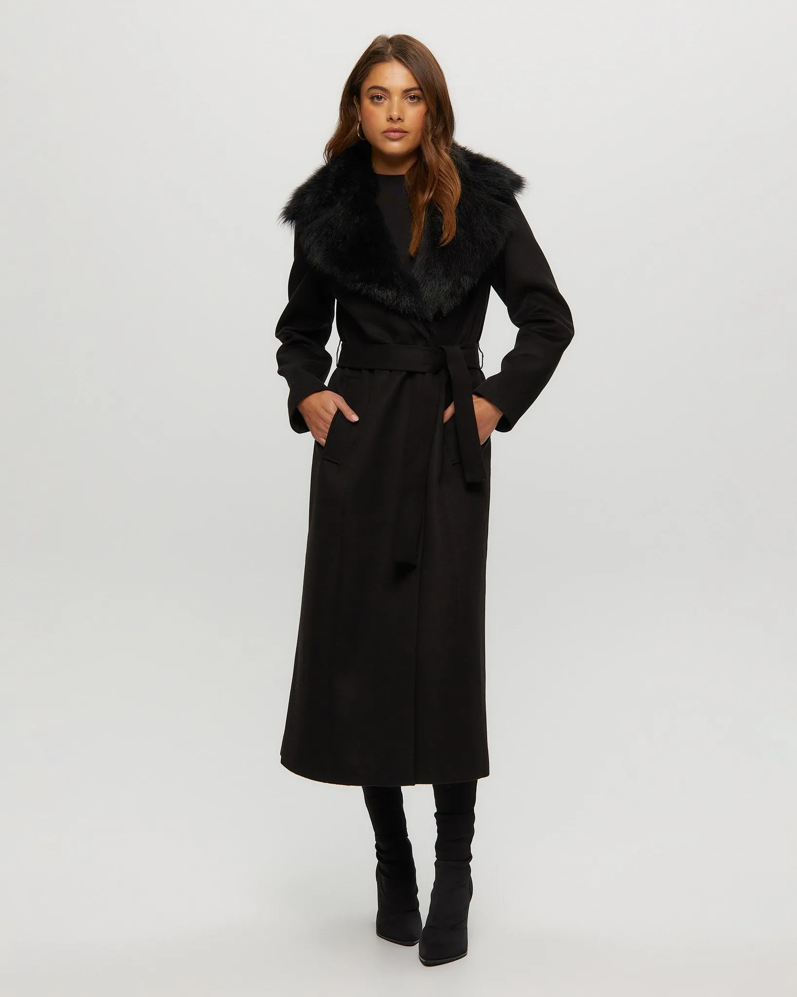 Fabric Coat with Toscana Shearling Lamb Collar, Belt