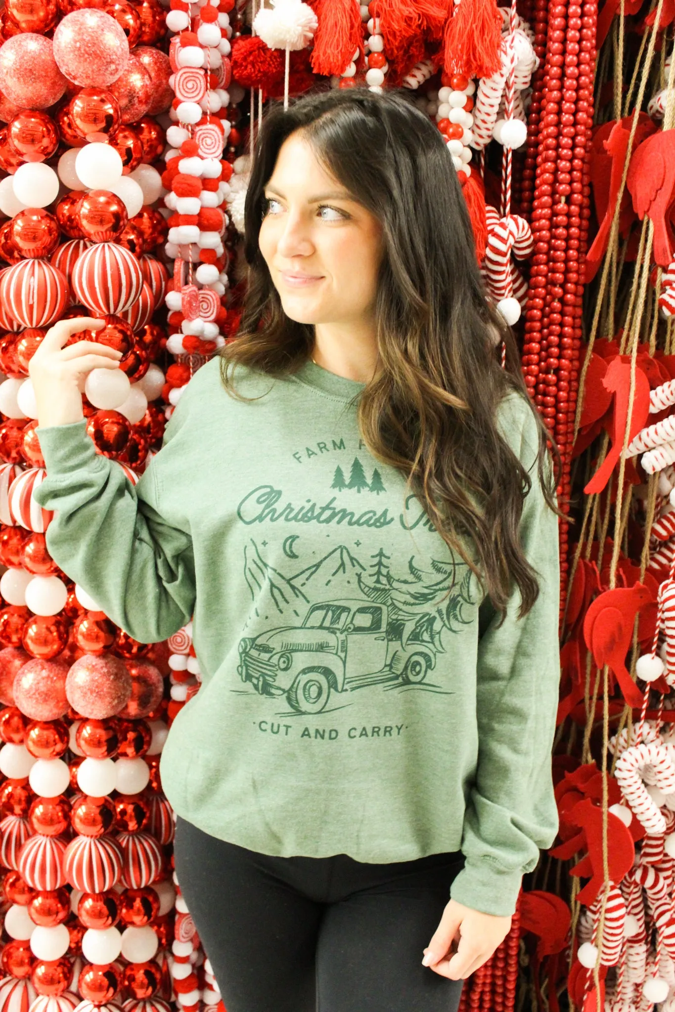 Farm Fresh Christmas Trees Graphic Sweatshirt - Dark Green