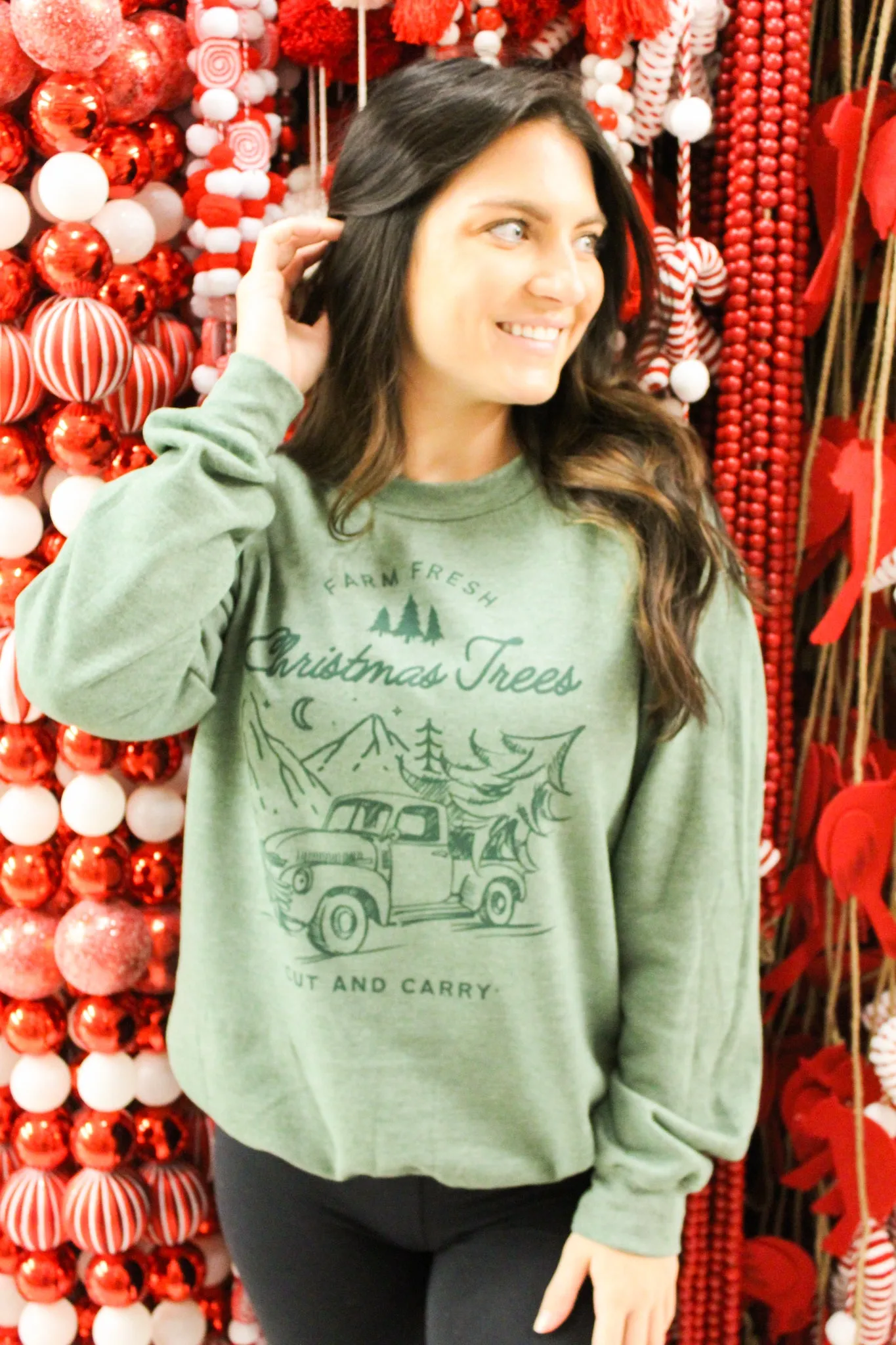 Farm Fresh Christmas Trees Graphic Sweatshirt - Dark Green