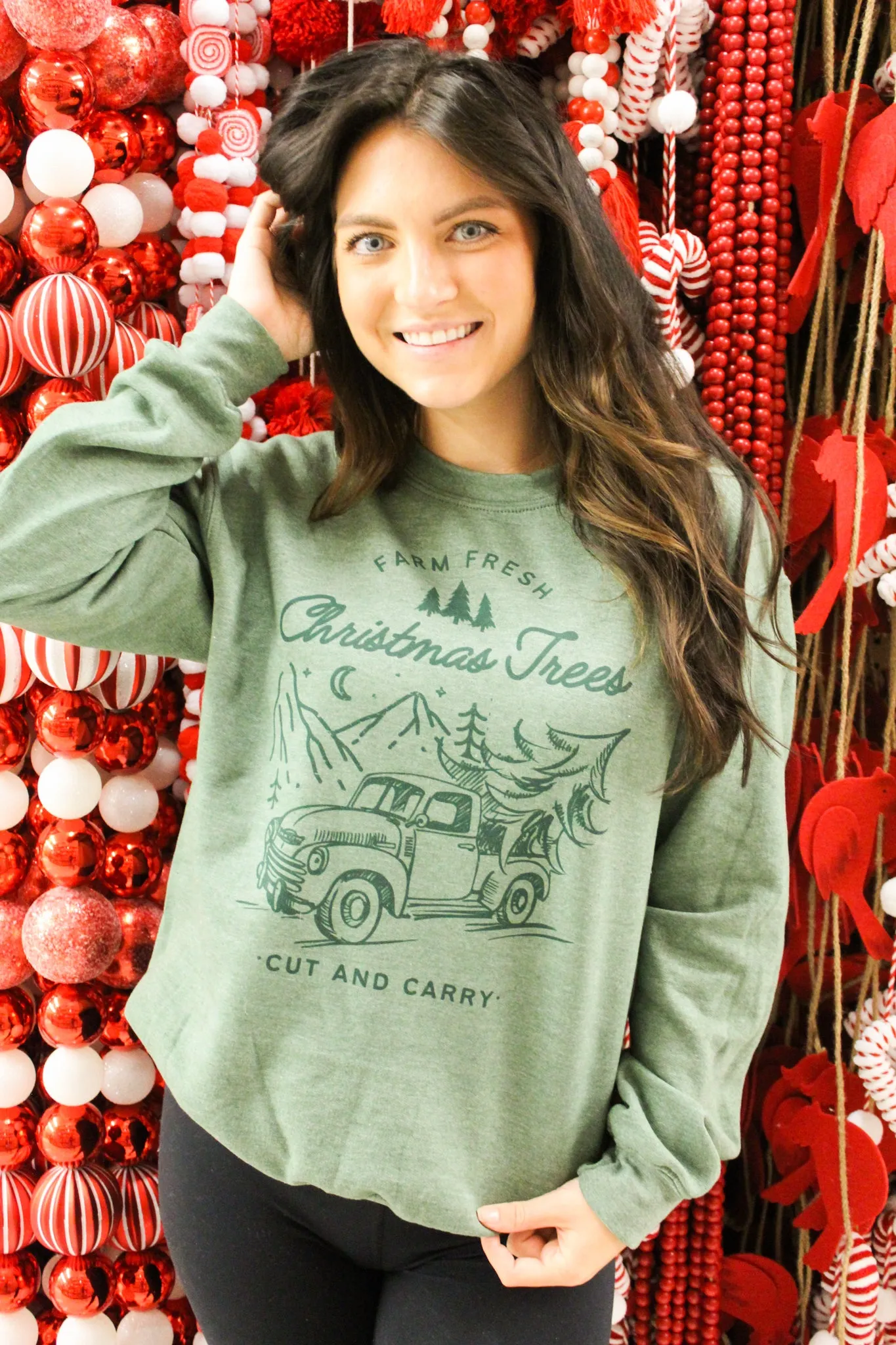 Farm Fresh Christmas Trees Graphic Sweatshirt - Dark Green