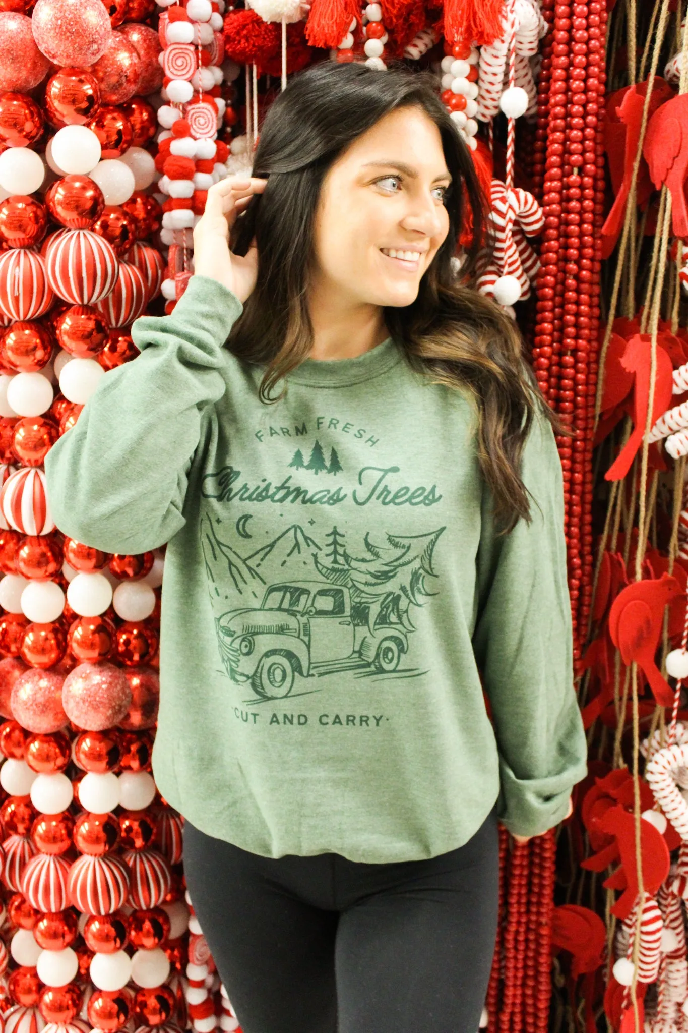 Farm Fresh Christmas Trees Graphic Sweatshirt - Dark Green