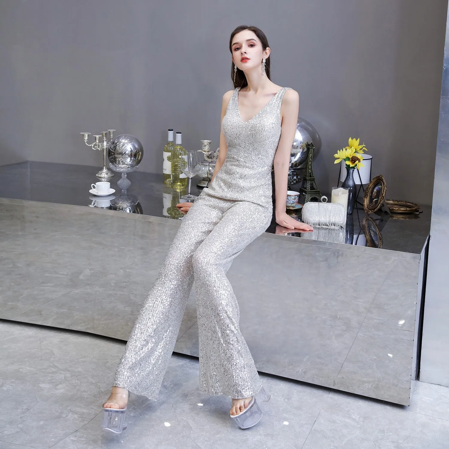 Fashionable Temperament Dress Waist Slim Jumpsuit Wide-leg Pants Ladies Party Annual Meeting Evening Dress, lioness-love.com