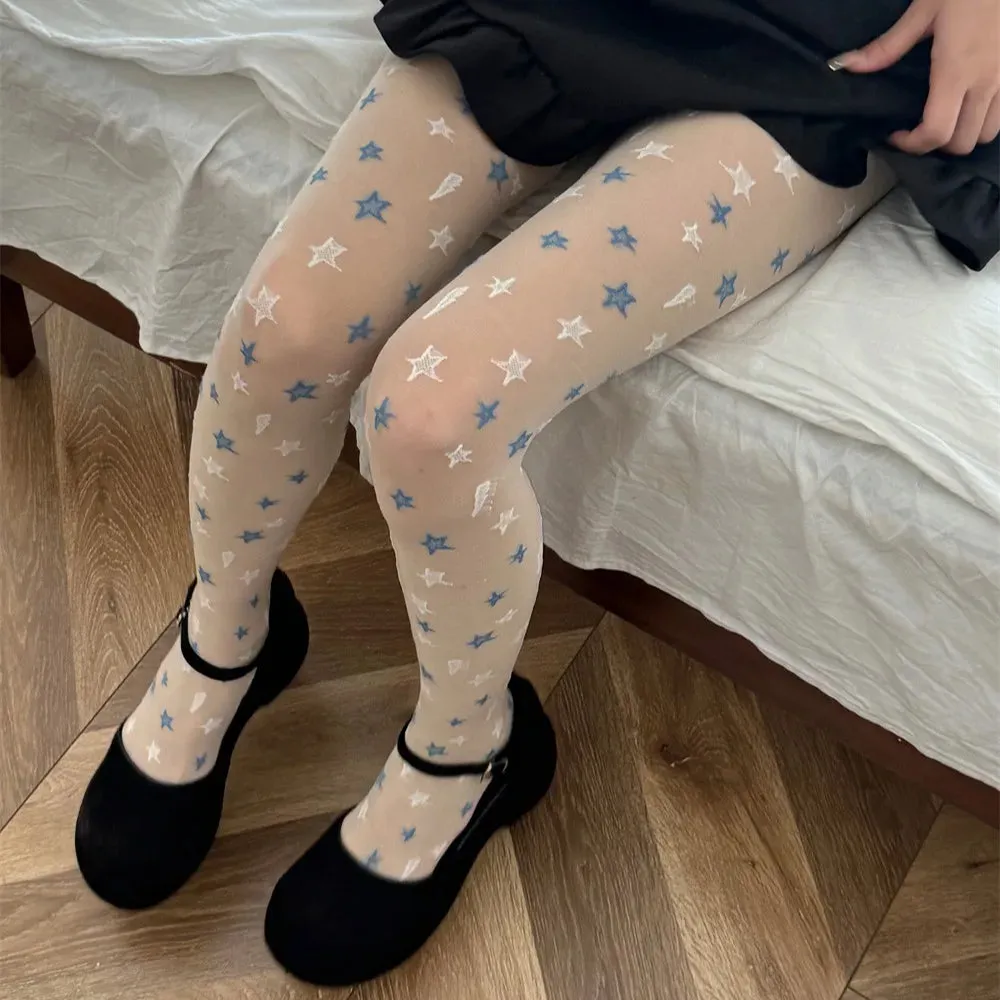 Fashionkova Unique Design Star Jacquard Silk Socks Sweet Girl Cartoon Star Pantyhose Summer Anti Hook Breathable Kawaii Thin Women's Tights