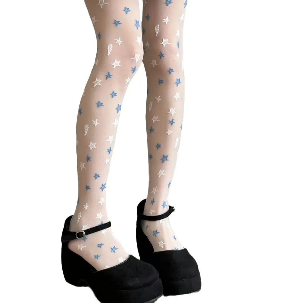 Fashionkova Unique Design Star Jacquard Silk Socks Sweet Girl Cartoon Star Pantyhose Summer Anti Hook Breathable Kawaii Thin Women's Tights