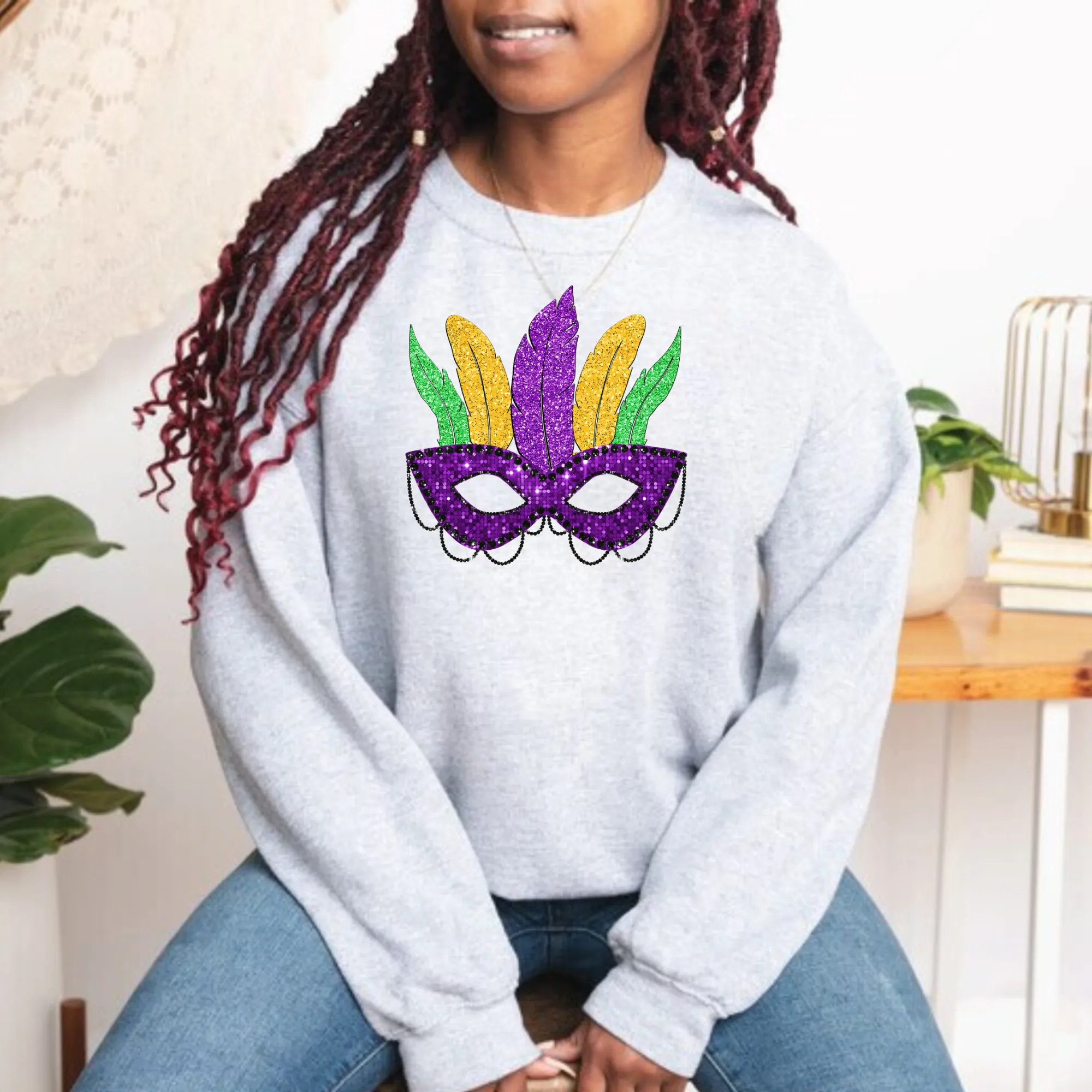 Faux Glitter Mardi Gras Mask Sweatshirt