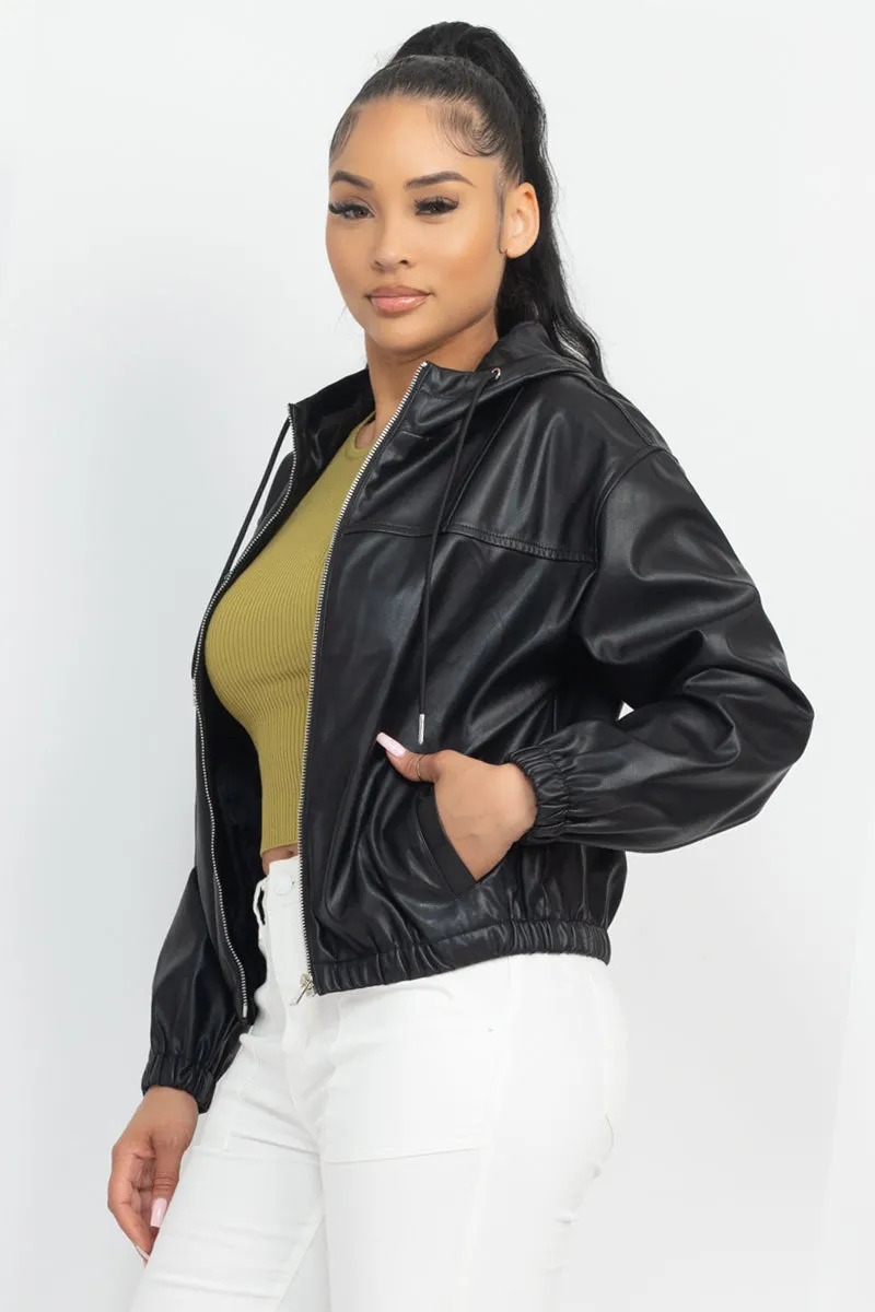 Faux Leather Hoodie Jacket - 2 colors