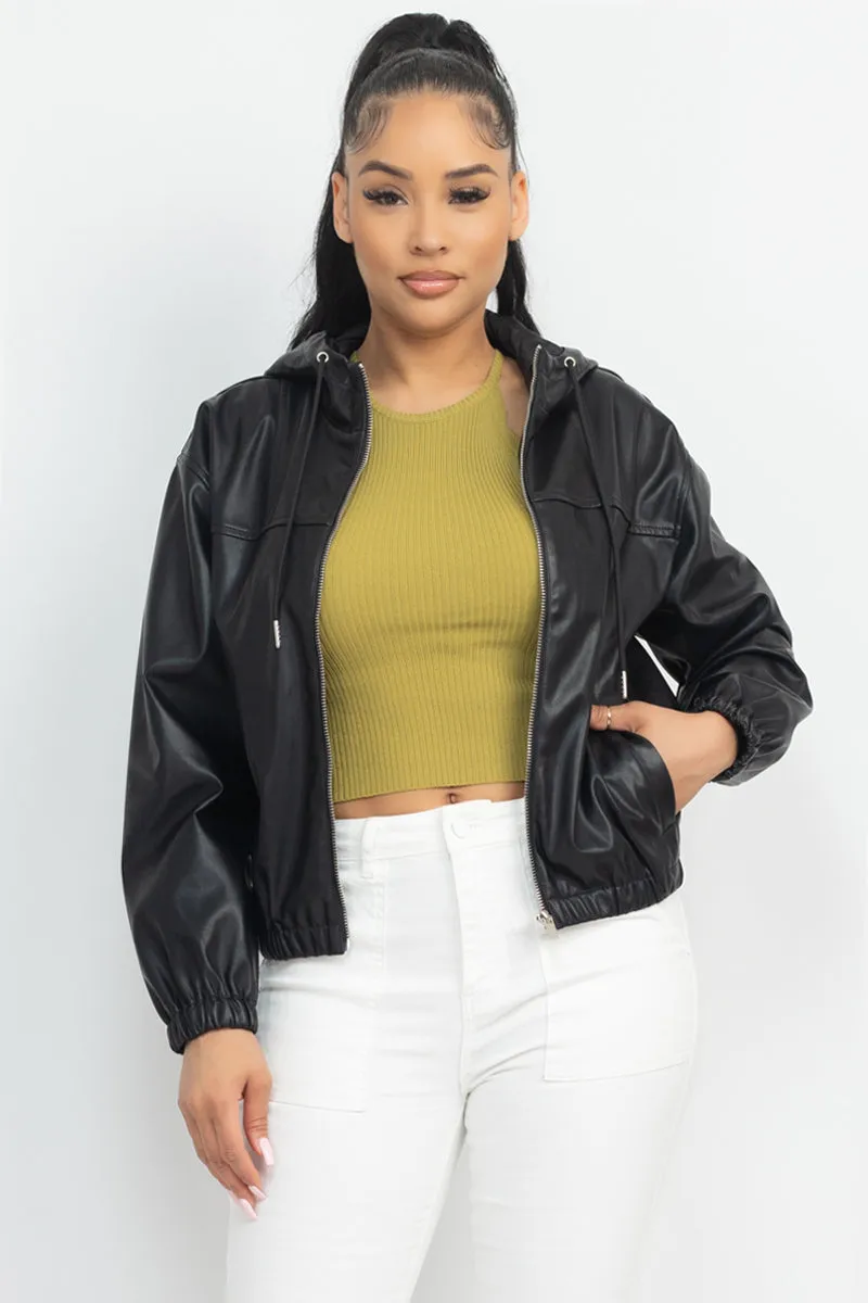 Faux Leather Hoodie Jacket - 2 colors