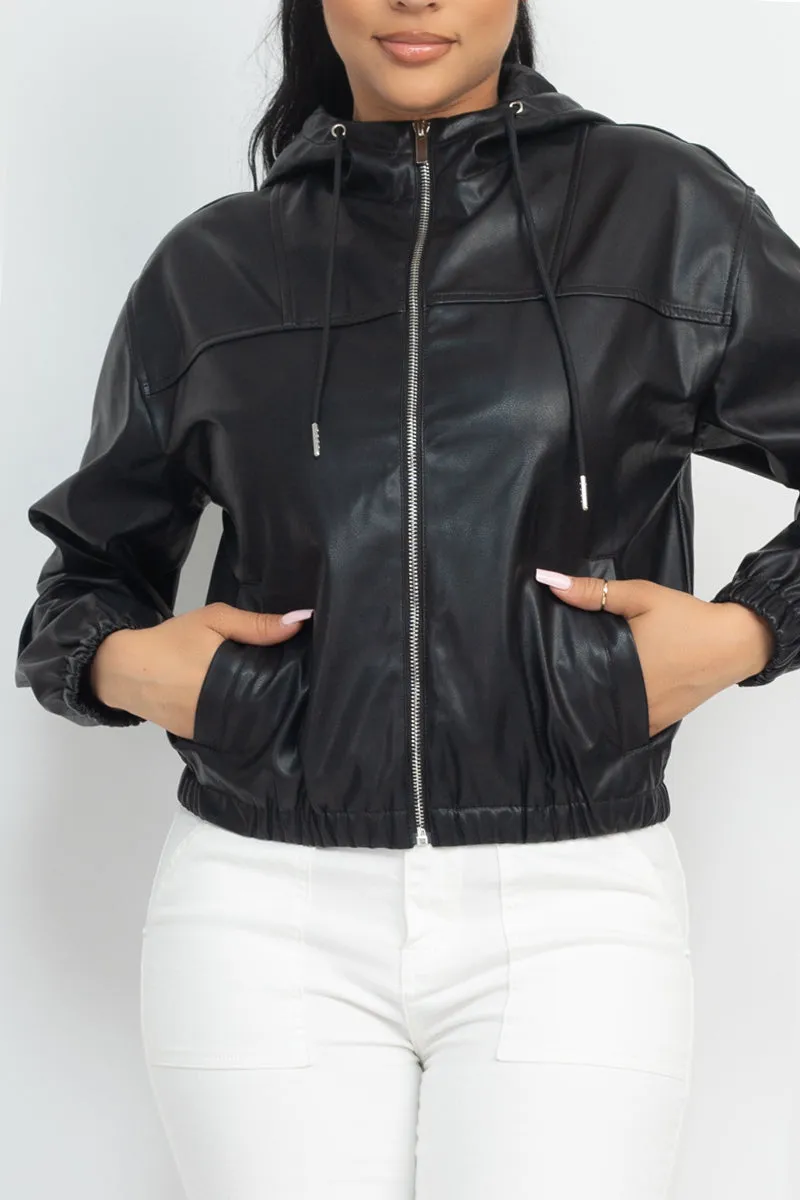 Faux Leather Hoodie Jacket - 2 colors