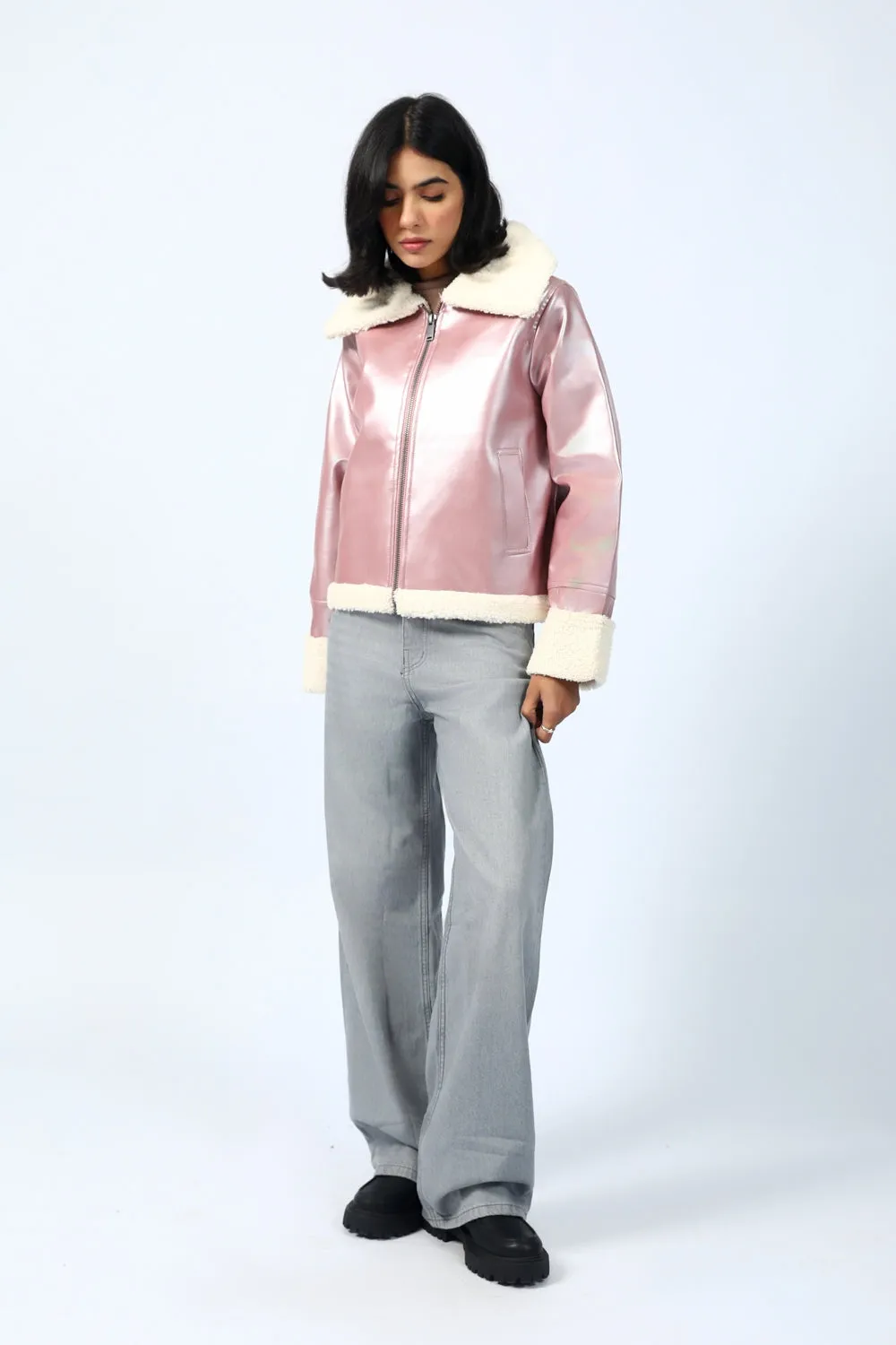 FAUX SHEARLING LINED FOIL JACKET