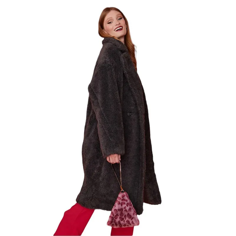 Faux Shearling Midi Coat in Slate Grey