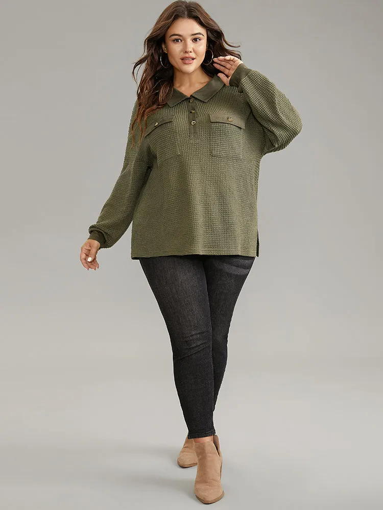 Faux Suede Patchwork Waffle Knit Flap Pocket Sweatshirt