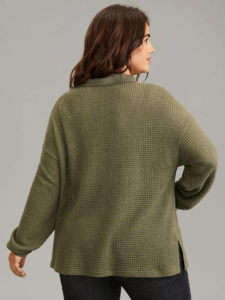 Faux Suede Patchwork Waffle Knit Flap Pocket Sweatshirt