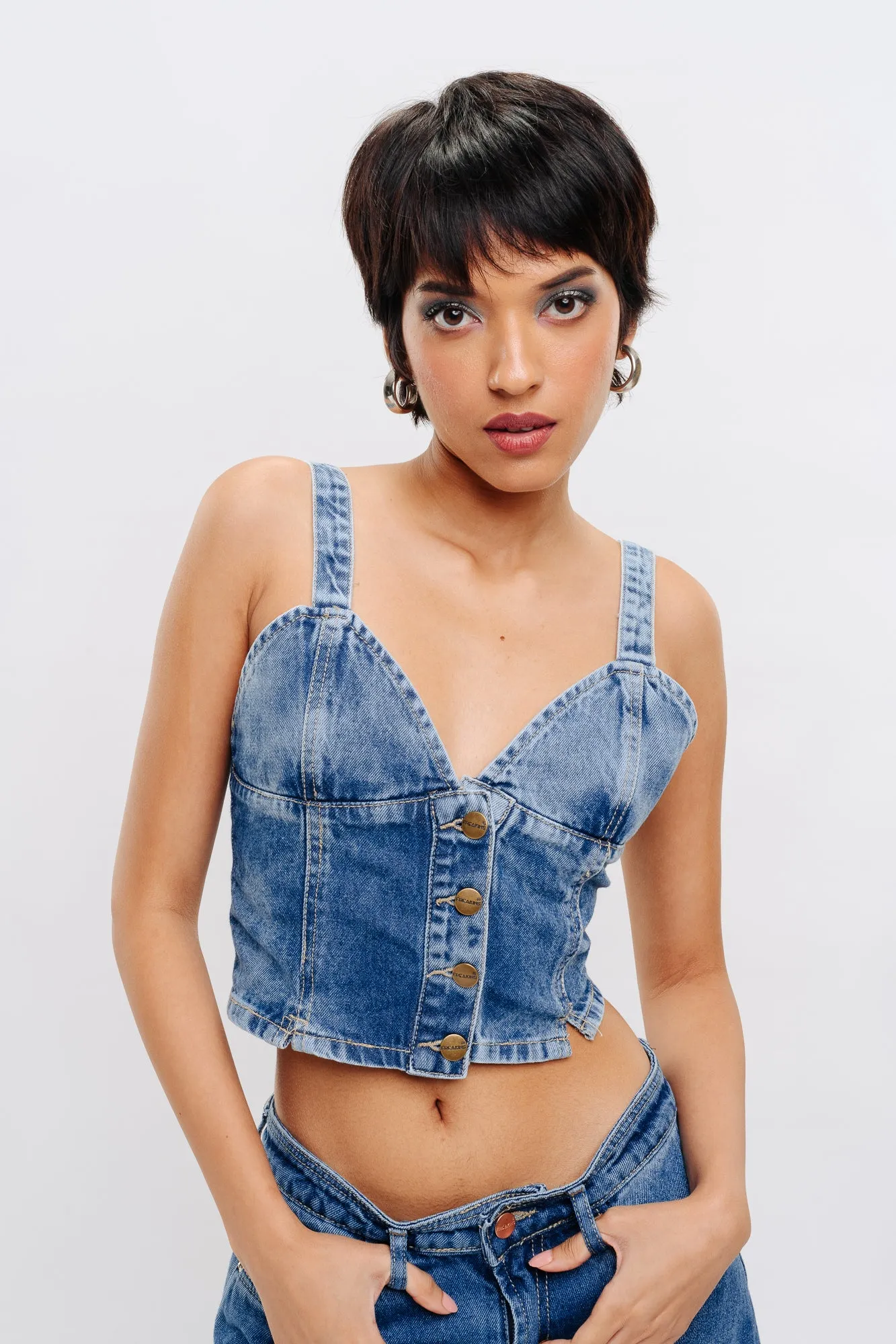 Front Button Denim Indigo Top