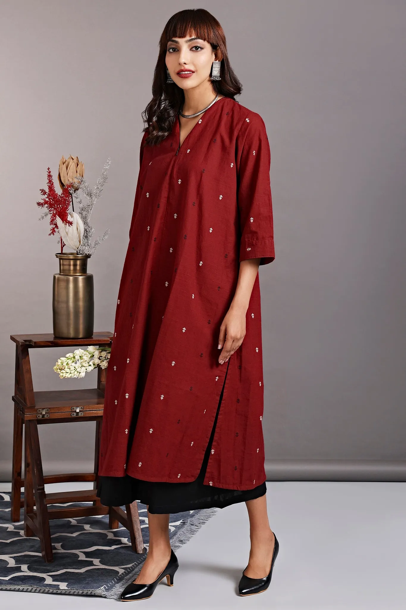 front zipper a-line kurta - rustic red & spring evenings