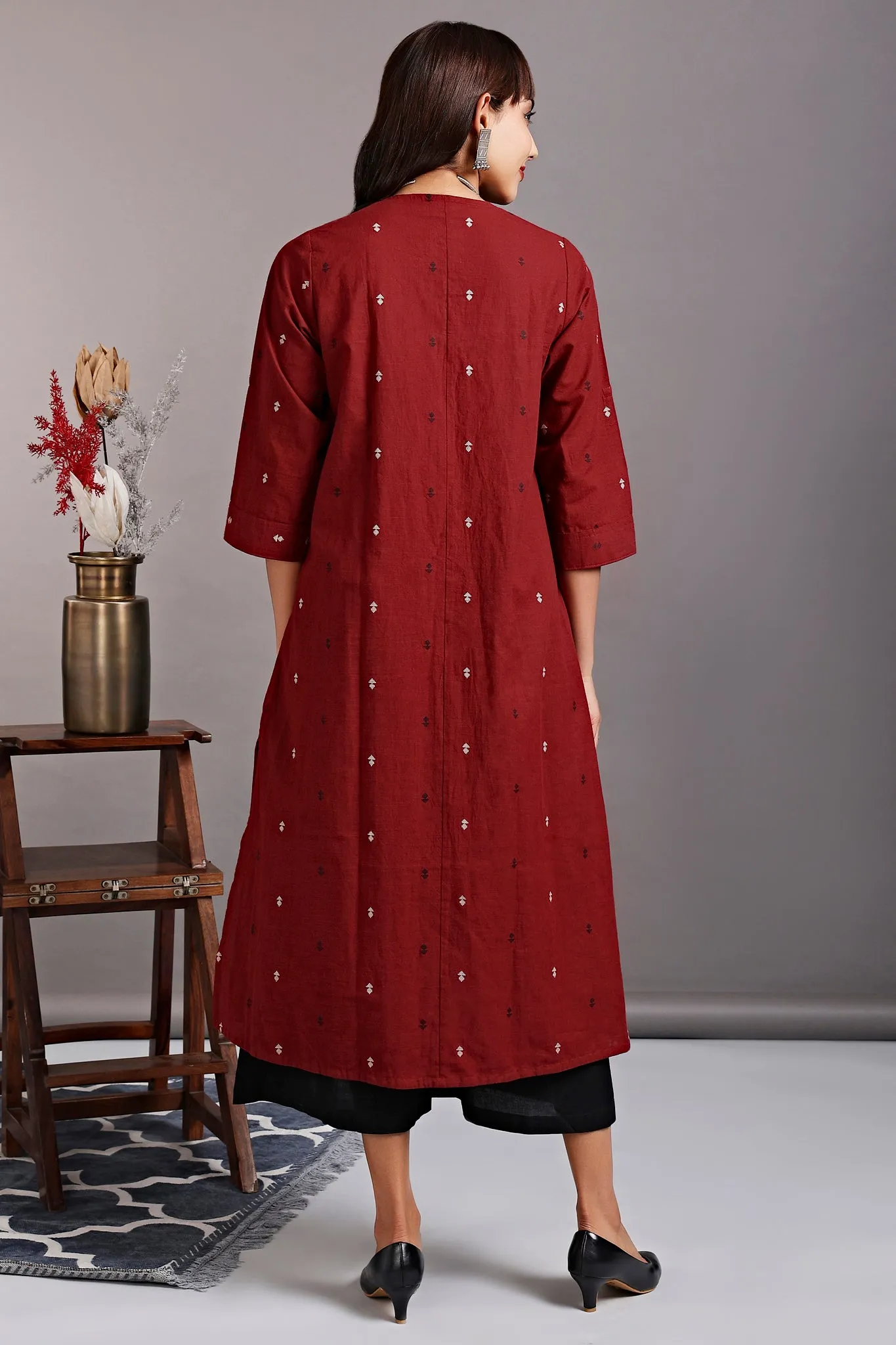 front zipper a-line kurta - rustic red & spring evenings