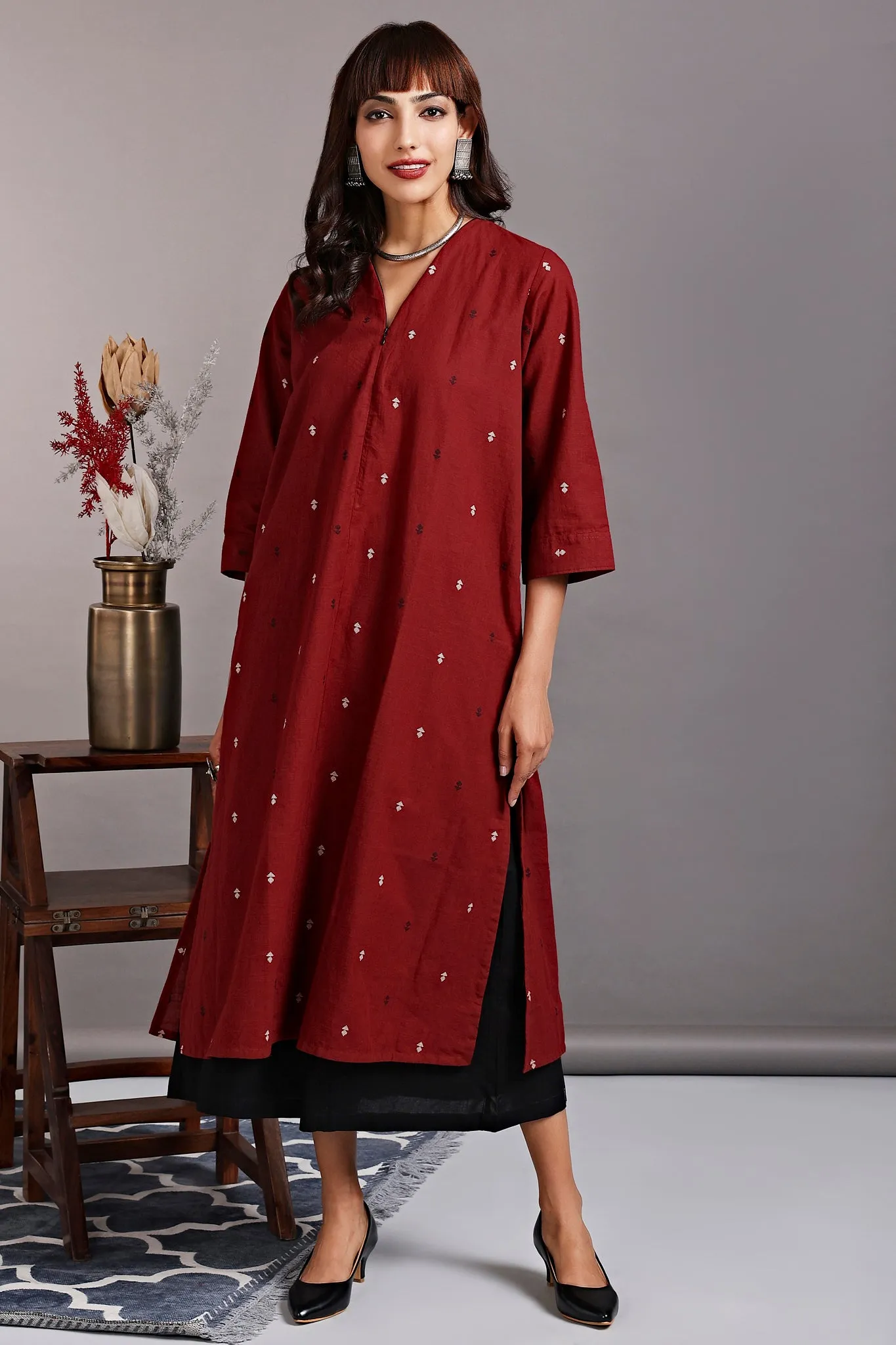 front zipper a-line kurta - rustic red & spring evenings